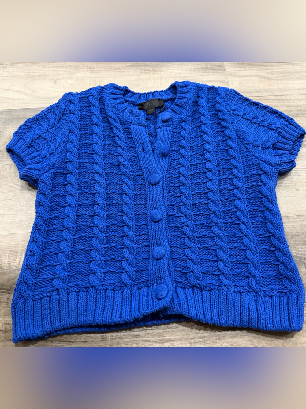 ZARA Cobalt Blue Cable Knit Short Sleeve Cardigan Sweater